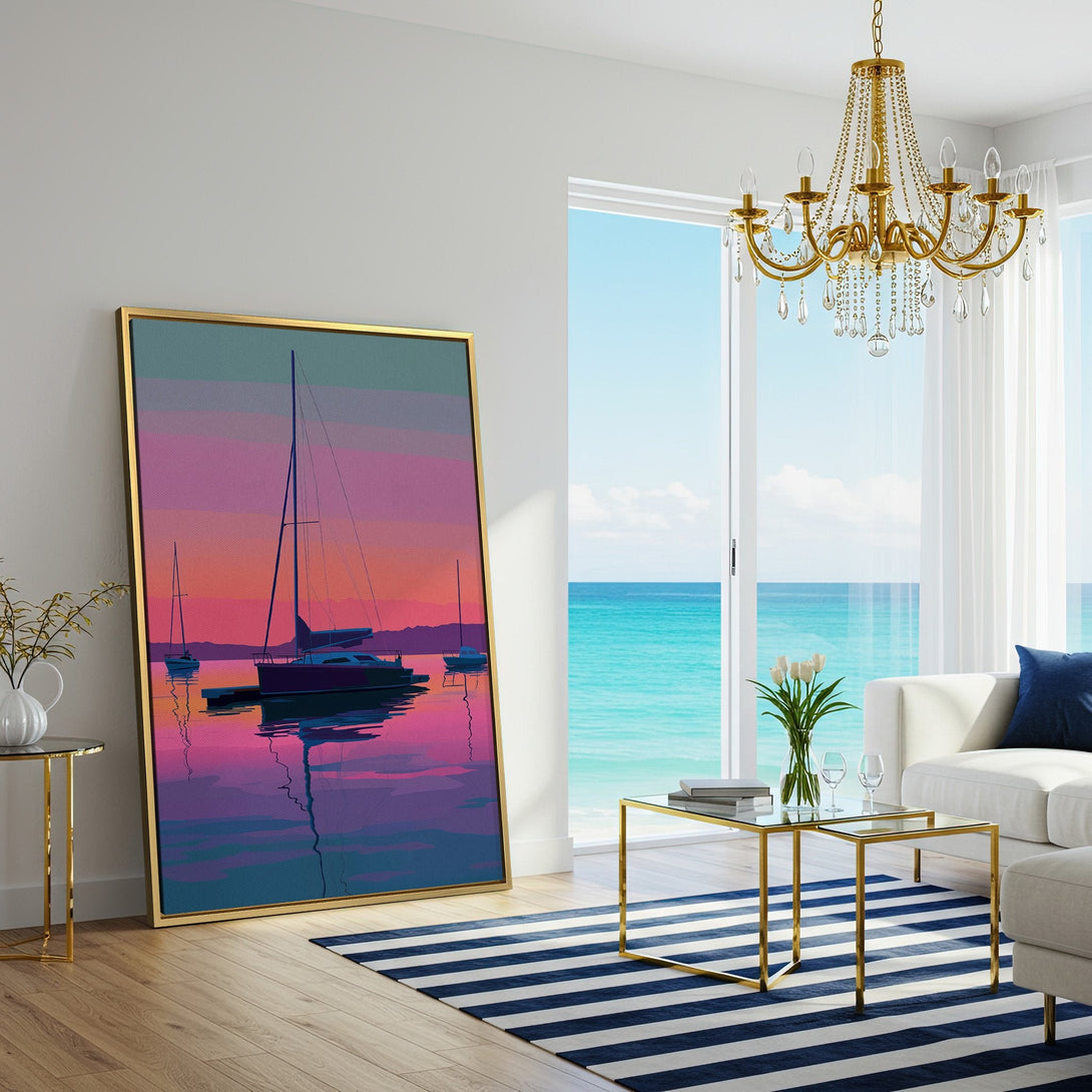 Canvas Print of a sailboat at sunset. Modern art with vibrant pink, purple, and blue color palette. Perfect coastal wall decor.