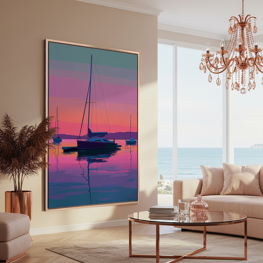 Framed Wall Art: Coastal sunset sailboat scene in vibrant pink and blue hues. Modern art Canvas Print for a stylish living room.