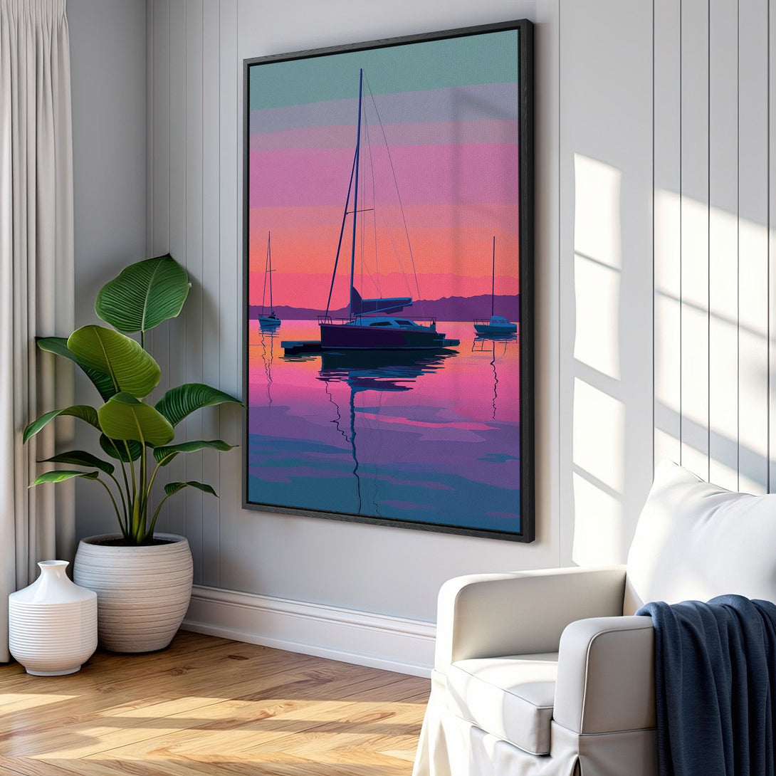 Framed Wall Art: Sailboats at sunset. Modern art print with vibrant pink, purple, and blue hues. Coastal decor for a serene living room.