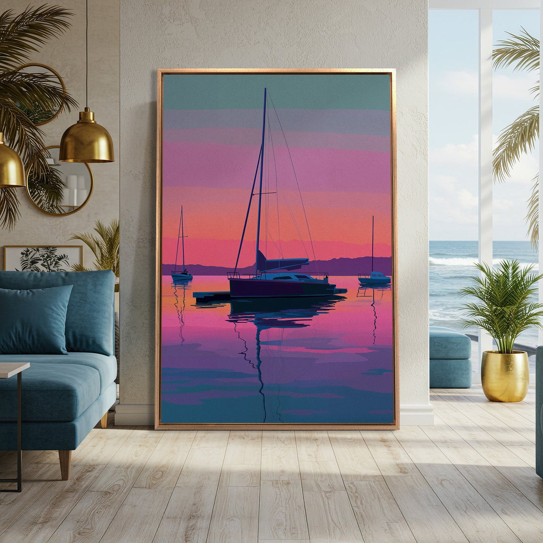 Framed Wall Art featuring a sailboat at sunset in a vibrant pink and purple palette. Modern art style perfect for coastal decor.