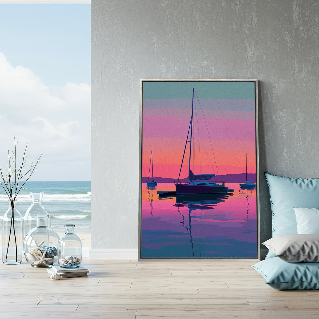 Framed Wall Art: Coastal sunset canvas print with sailboats. Modern style, vibrant pink and blue color palette, perfect for home decor.