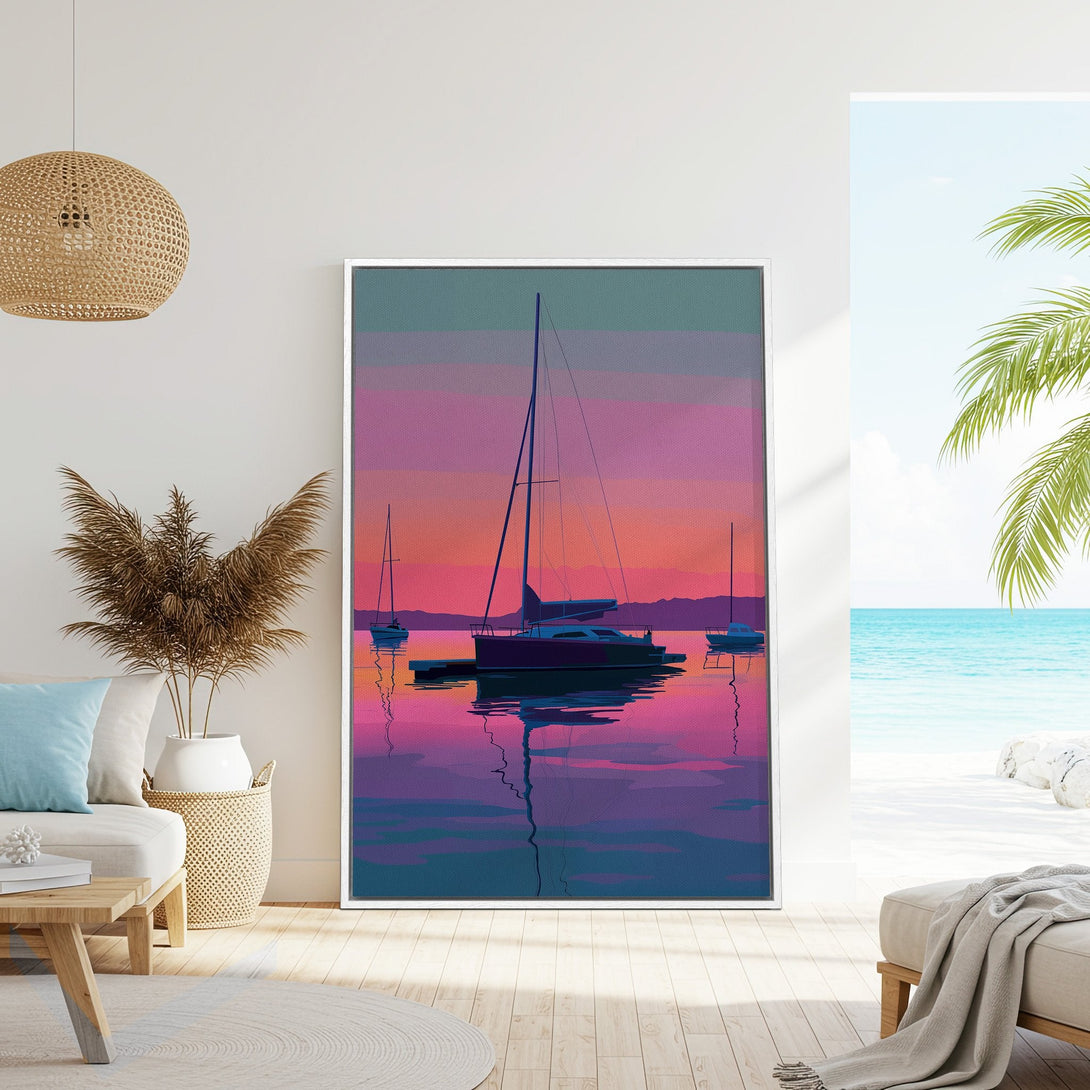 Framed Wall Art: Sailboats at sunset in vibrant pink and purple hues. Coastal-inspired artwork perfect for adding a pop of color to your home decor.