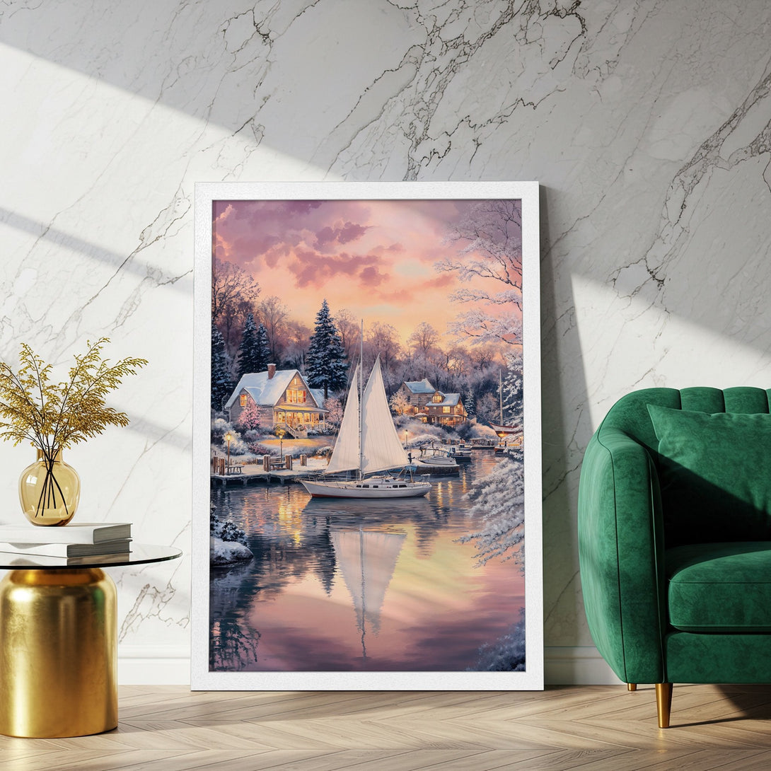 Framed Poster of a winter lake scene with a sailboat. Soft, painterly style with a warm, pink and blue color palette. Perfect wall art!