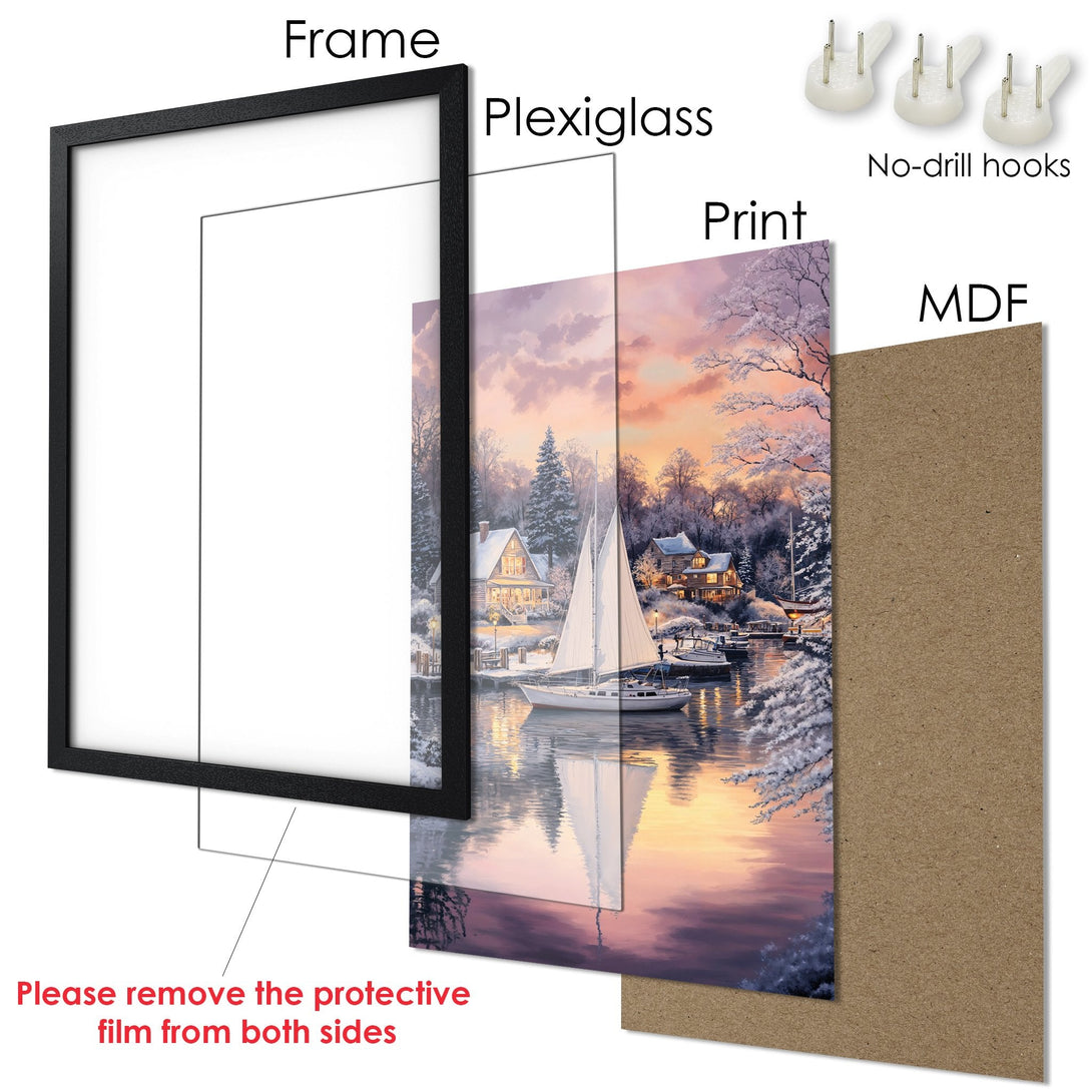 Framed Poster of a winter harbor scene. Impressionistic style with a warm, sunset color palette. Ready to hang art.