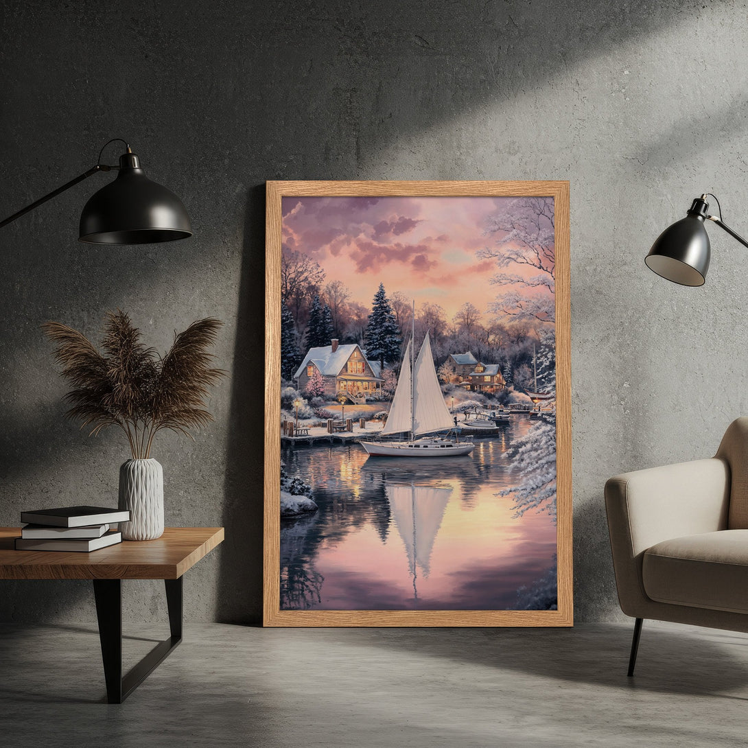 Framed Poster of a serene winter lake scene with a sailboat, in a soft, warm color palette. Perfect for home decor!