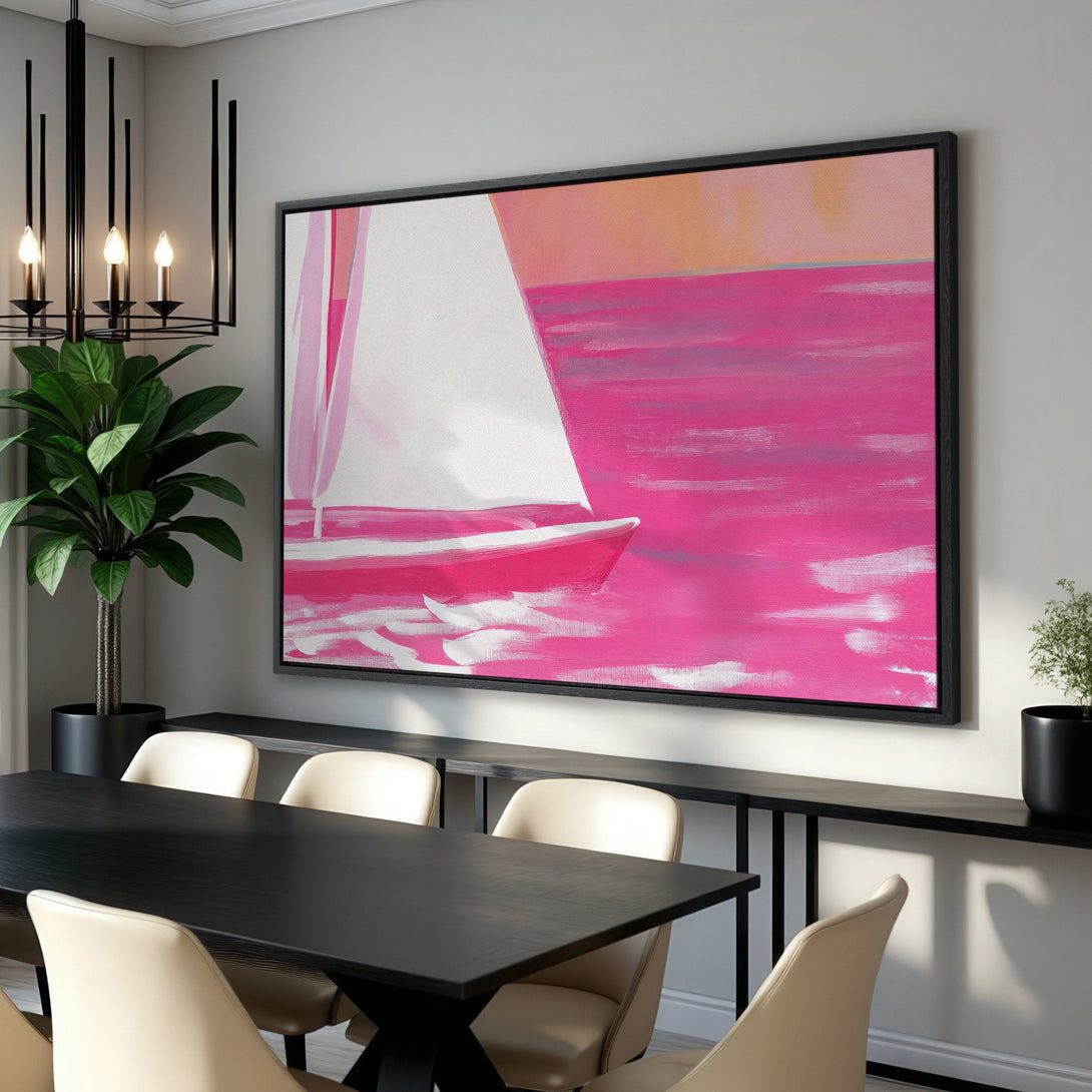 Framed Wall Art: Abstract sailboat art in pink and white. Modern canvas print adds a pop of color to any interior. Shop now for unique wall decor!