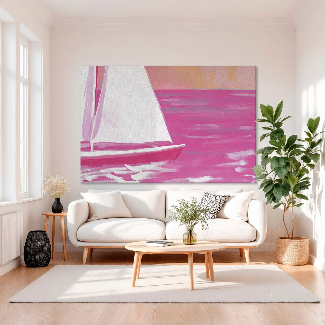 Framed Wall Art: Abstract sailboat in pink and white, displayed in a luxurious living room. Modern art with a vibrant, feminine color palette.