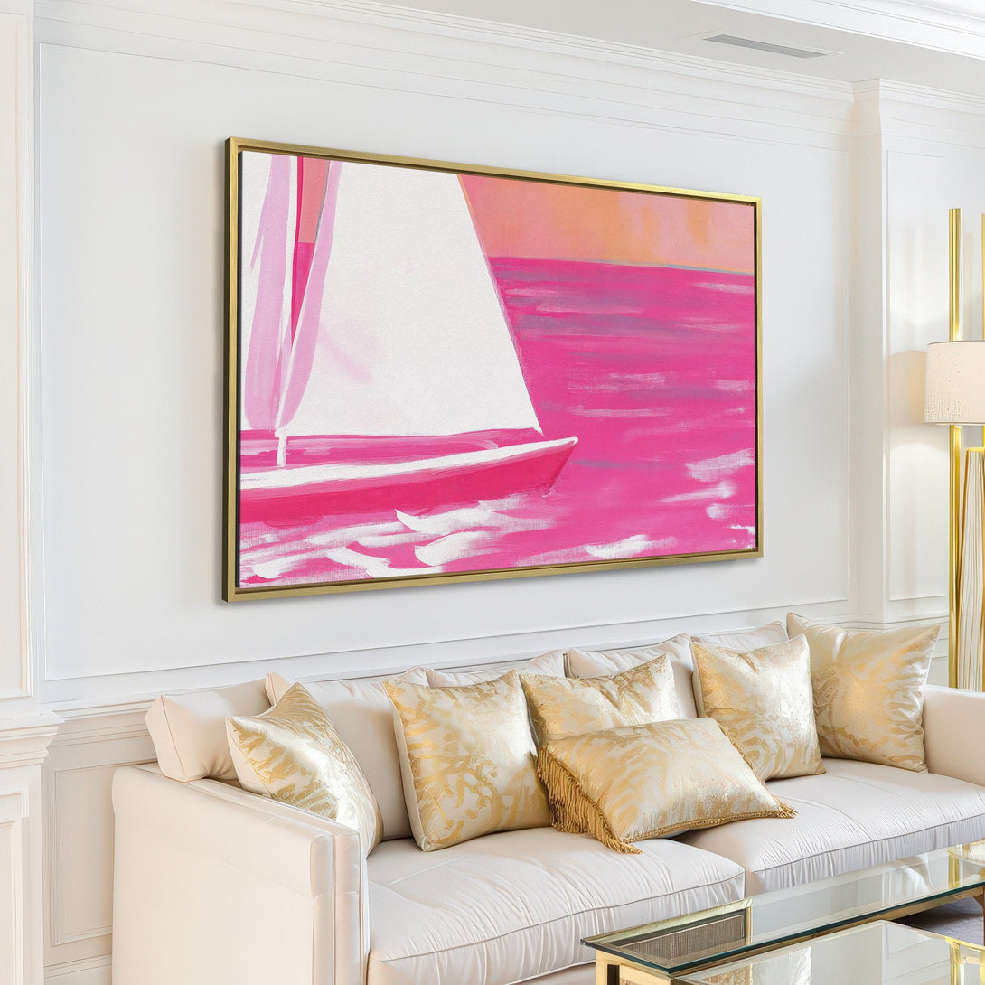 Canvas Print of a sailboat in a modern style, featuring a pink and white color palette, perfect for coastal decor.