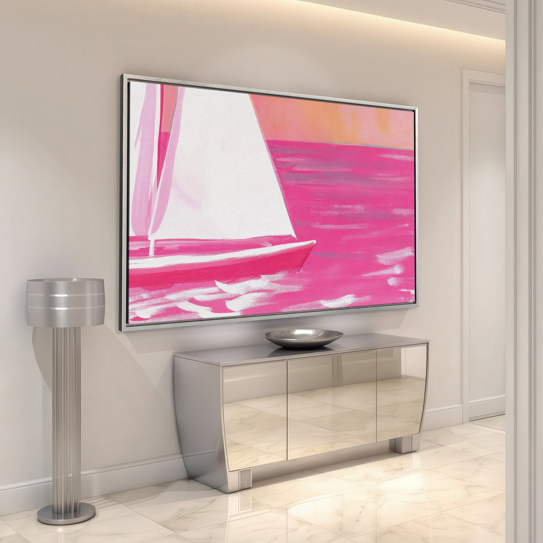 Framed Wall Art: Modern abstract sailboat painting in pink and orange hues. Stylish canvas print adds a pop of color to any interior.