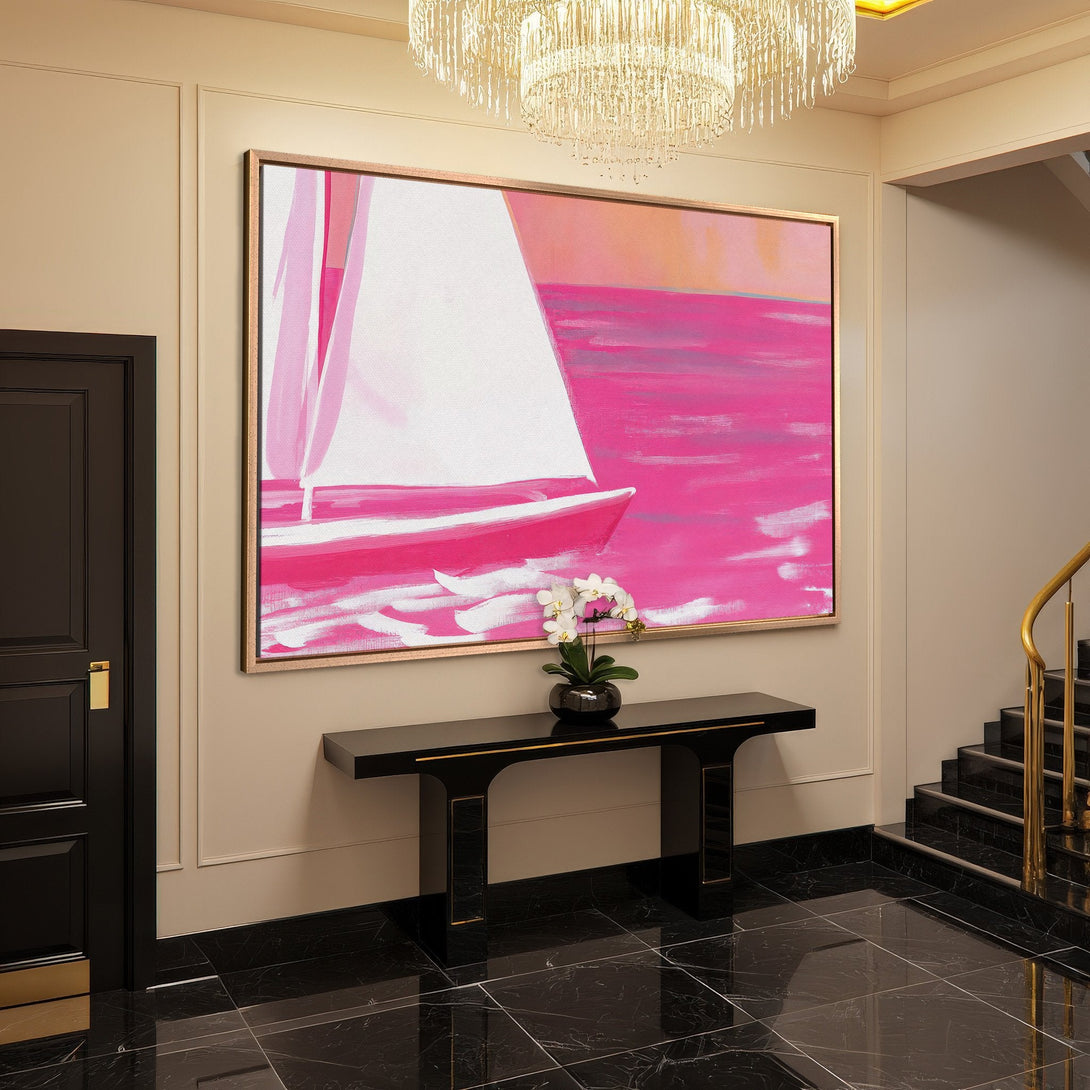 Framed Wall Art: Modern abstract sailboat painting in vibrant pink hues. Add a pop of color to your space!