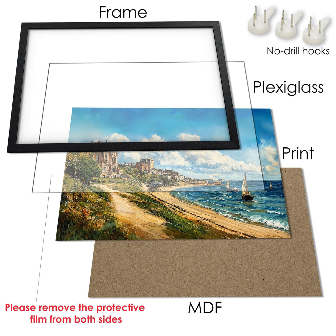 Framed Poster featuring a coastal landscape painting with blue, beige, and green hues. Perfect wall art for any room!