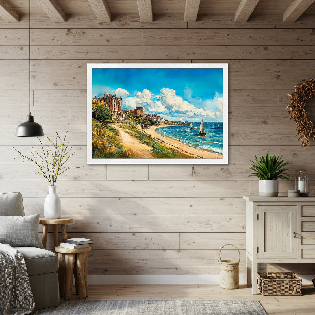 Framed Poster of a coastal landscape painting in a classic style with blue, yellow, and green hues. Perfect wall art for your home!