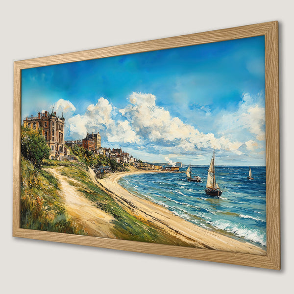 Framed Poster of a coastal landscape painting in a classic style, featuring a blue and beige color palette. Perfect wall art!