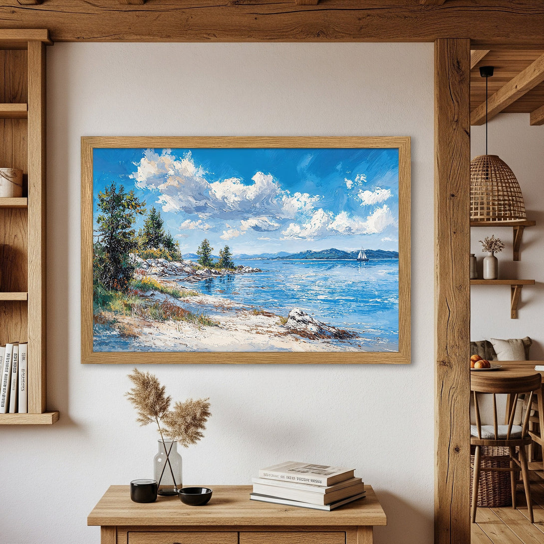 Framed Poster of a seascape painting. Impressionistic style with blue, white, and green color palette. Perfect for coastal decor.