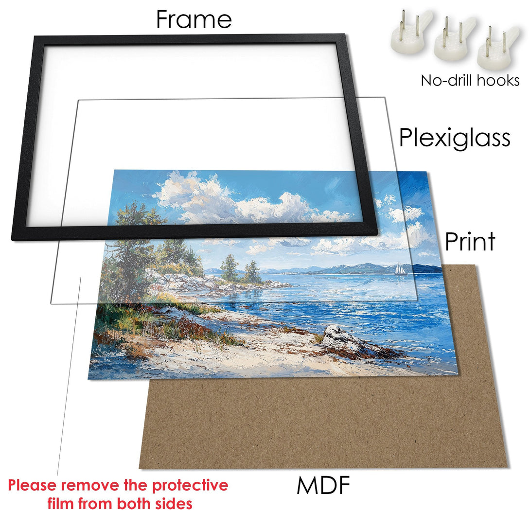 Framed Poster of a serene seascape painting with blue, white, and green hues. Perfect coastal decor for your home!