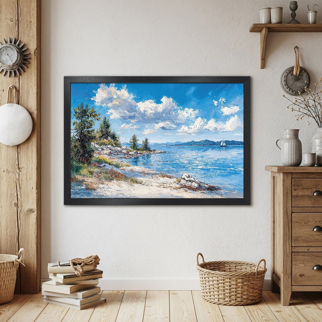 Framed Poster of a coastal landscape painting. Impressionistic style with blue, white, and green color palette. Perfect wall art for your home!