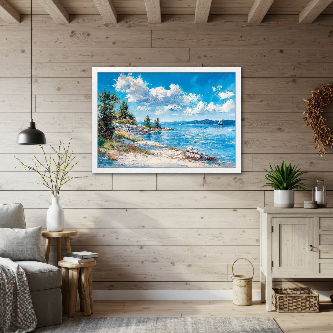 Framed Poster of a serene seascape painting. Coastal art with blue, white, and green color palette. Perfect wall decor for a calming vibe.