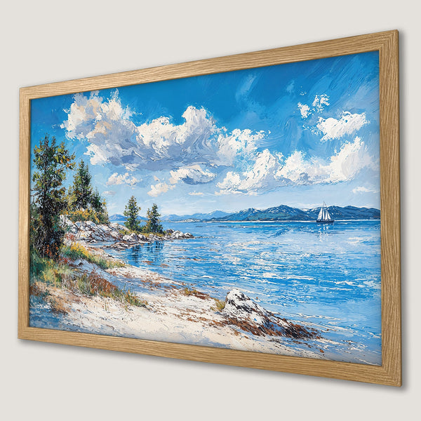 Framed Poster of a serene seascape painting with blue, white, and green hues. Impressionist style.