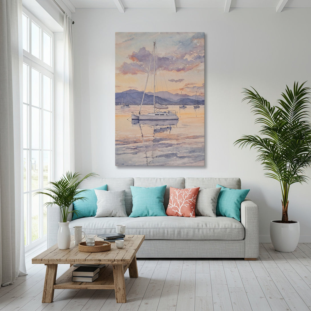 Framed Wall Art: Watercolor sailboat scene in a coastal interior. Soft blues, golds, and neutral tones create a serene, nautical aesthetic.
