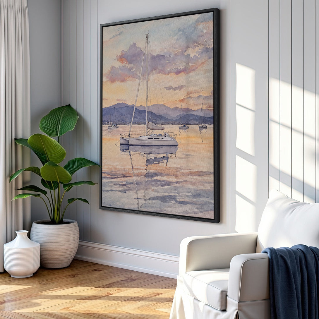 Framed Wall Art: Watercolor sailboat scene in a coastal style, featuring a serene sunset color palette. Perfect for adding a touch of tranquility to any space.