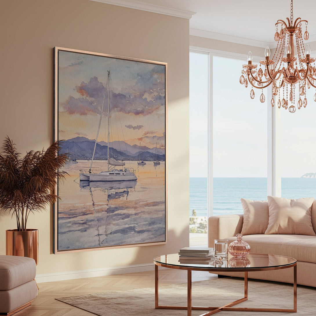 Framed Wall Art: Watercolor sailboat scene in a coastal interior. Soft blues, pinks, and beige tones create a serene, relaxing atmosphere. Perfect for home decor.