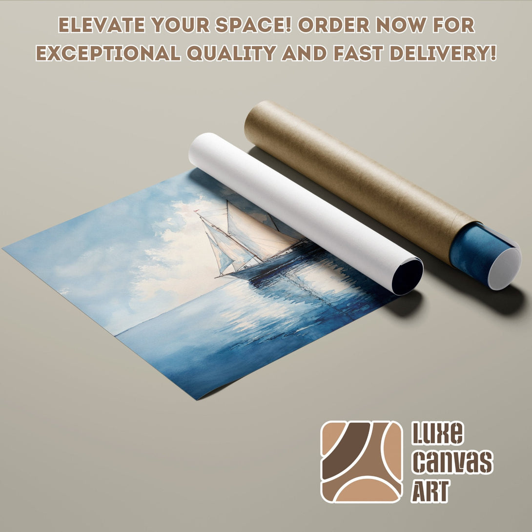 Sailboat Poster Roll, watercolor style, blue and white palette. Elevate your space with Luxe Canvas Art!