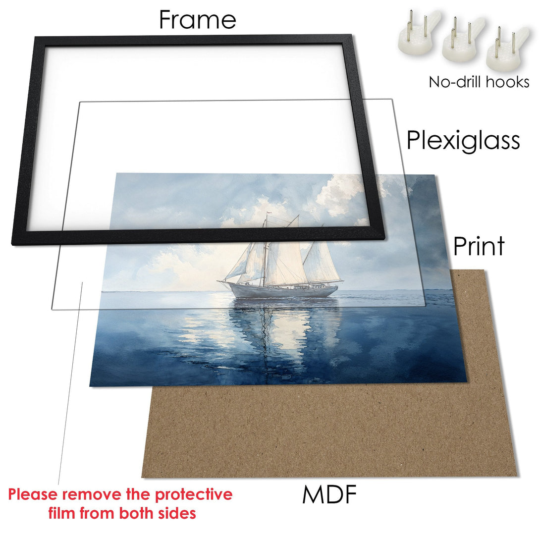 Framed Poster featuring a sailboat on the sea, watercolor style, blue and neutral color palette. Perfect wall art!