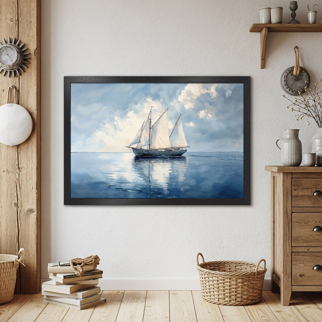 Framed Poster of a sailboat on water. Coastal style art with a blue and white color palette, perfect for home decor.