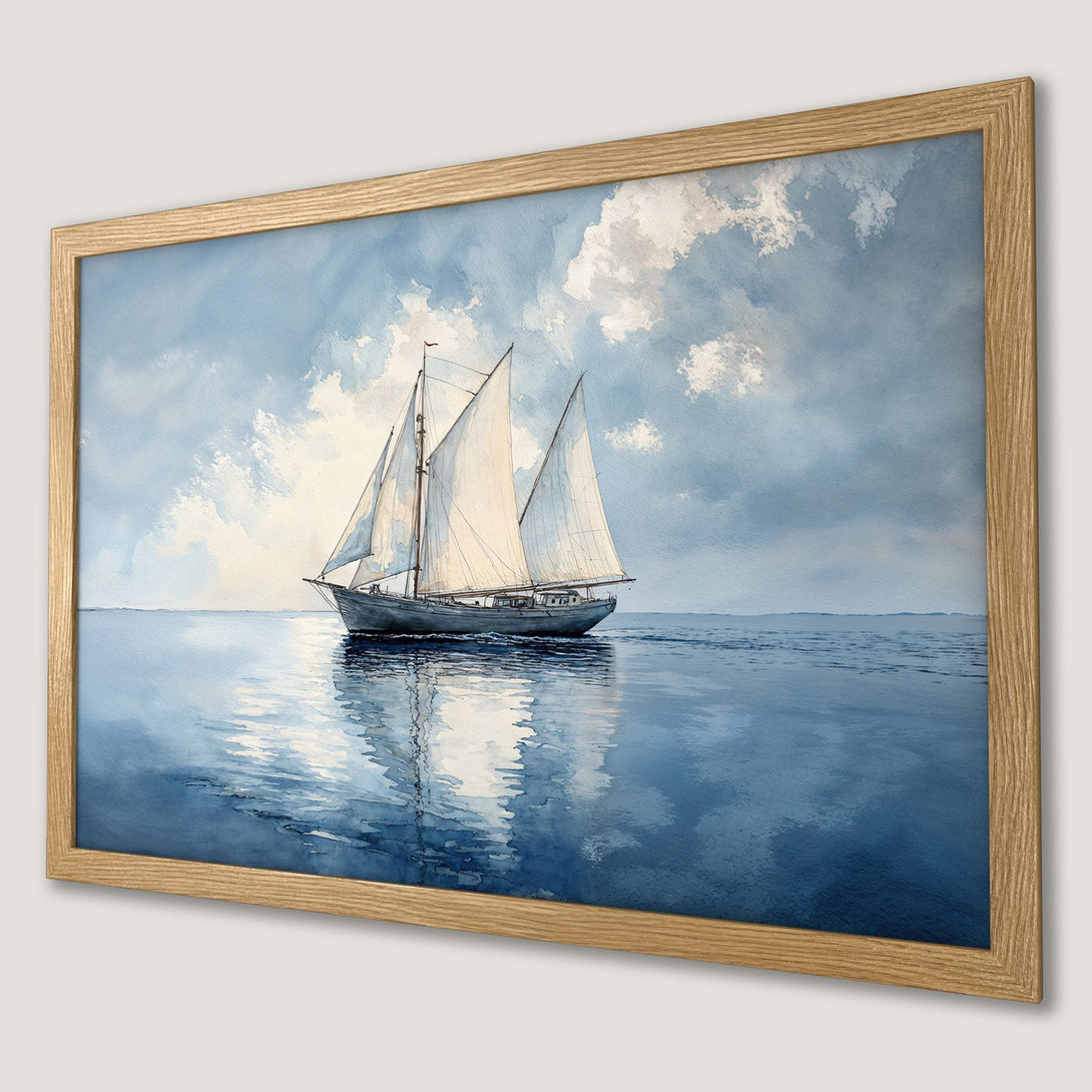 Framed Poster of a sailboat on the sea, watercolor style, blue and white color palette. Perfect nautical art for your home.