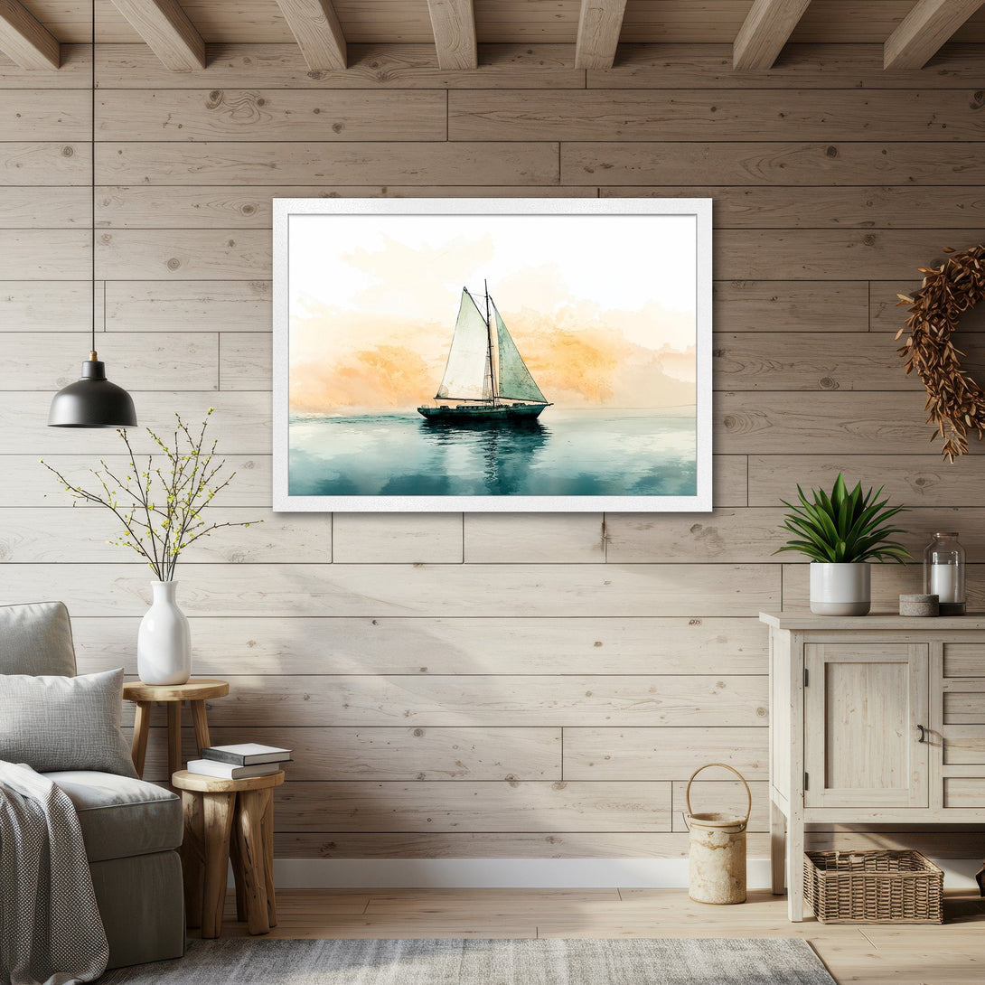 Framed Poster featuring a watercolor sailboat on the sea. Serene coastal art with a calming blue, green, and orange palette. Perfect for home decor.