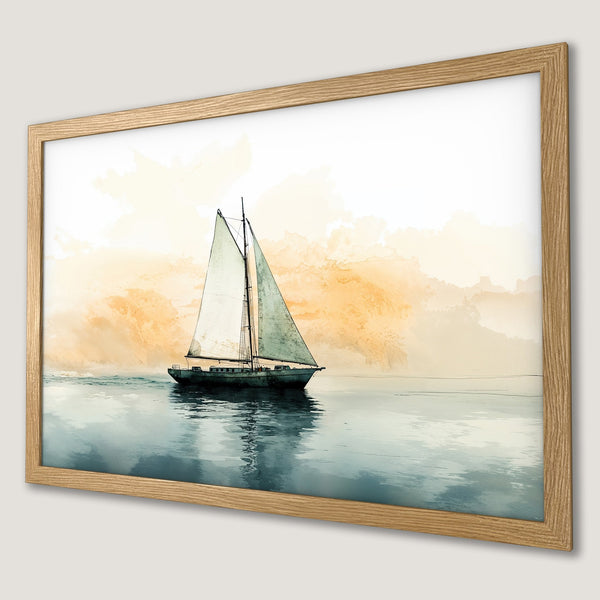 Framed Poster of a sailboat on the sea. Watercolor style art with a warm, yellow and blue color palette. Perfect wall art for your home.