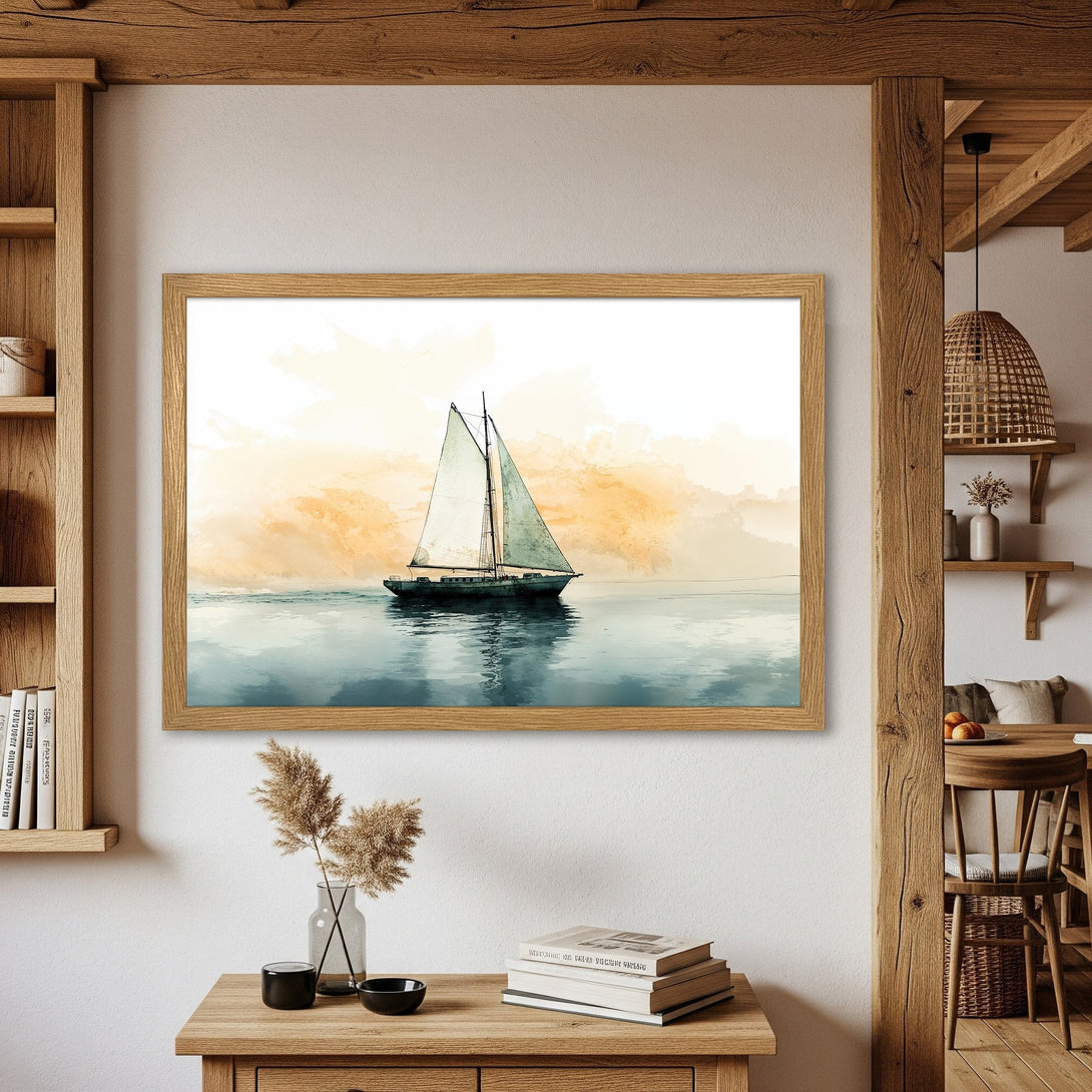 Framed Poster featuring a watercolor sailboat on the sea. Serene art in blue and gold tones. Perfect nautical decor for your home.
