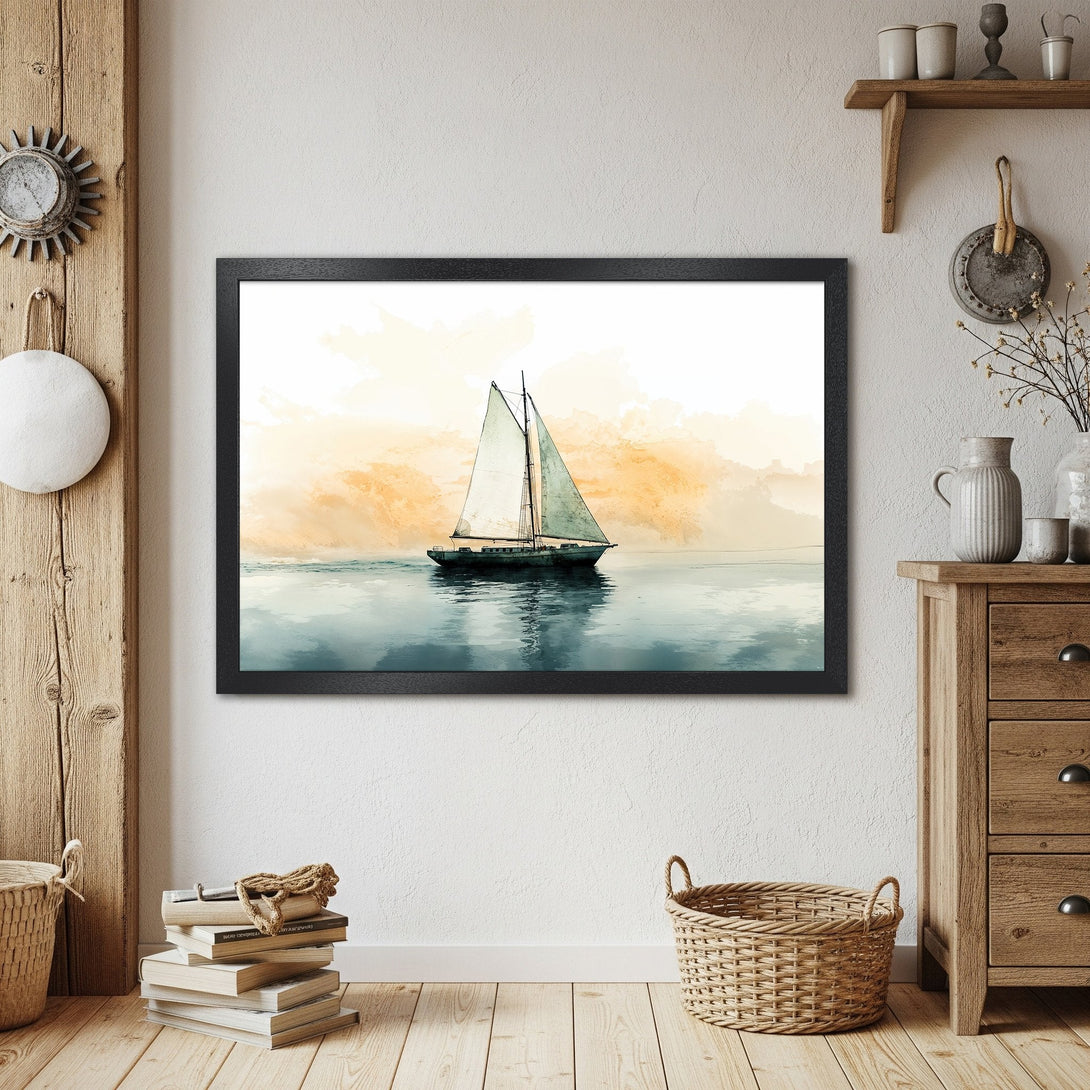 Framed Poster of a sailboat on the sea, watercolor style, warm yellow and blue color palette. Perfect wall art for your home!