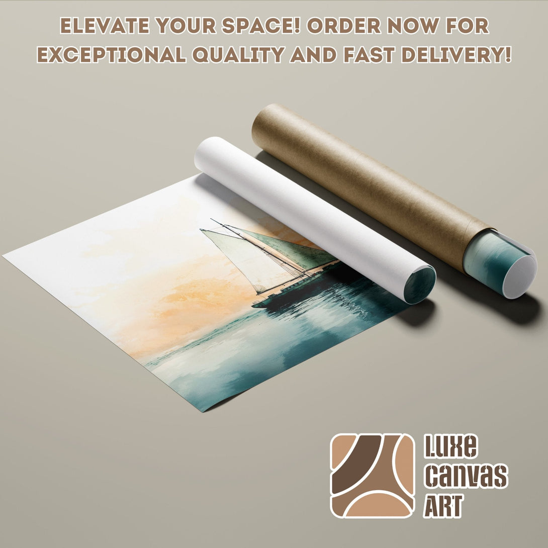 Sailboat Poster Roll art print in teal and gold, perfect for home decor.