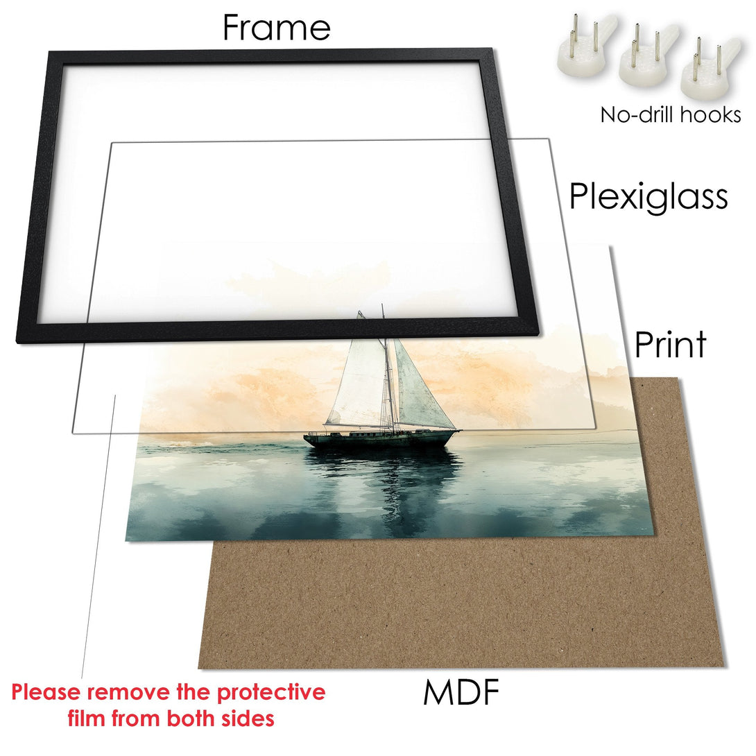 Framed Poster of a sailboat on the sea, watercolor style with a serene, neutral color palette. Perfect wall art for your home!