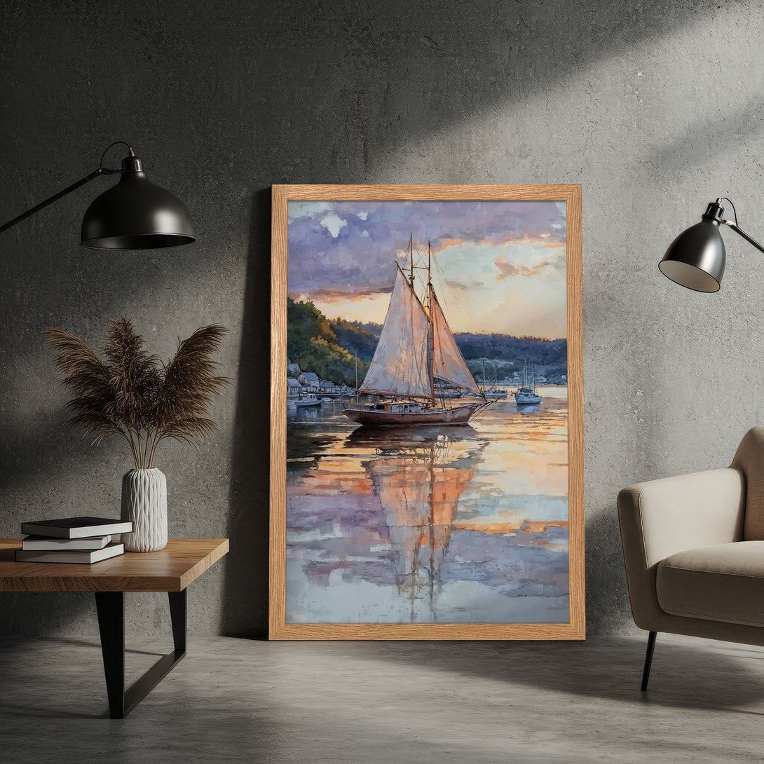 Framed Poster of a sailboat at sunset. Impressionistic style with a warm, pastel color palette. Perfect wall art for your home!