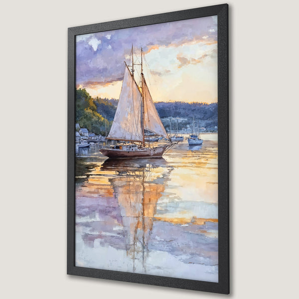 Framed Poster of a sailboat at sunset. Impressionistic style with warm sunset colors and reflections. Perfect wall art.