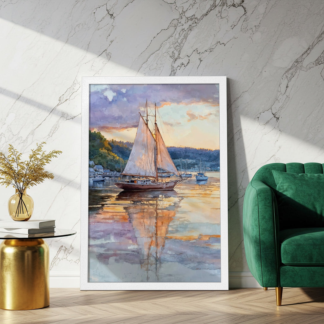 Framed Poster: Sailboat art print in impressionist style, featuring a calming sunset color palette. Perfect wall decor for a serene space.