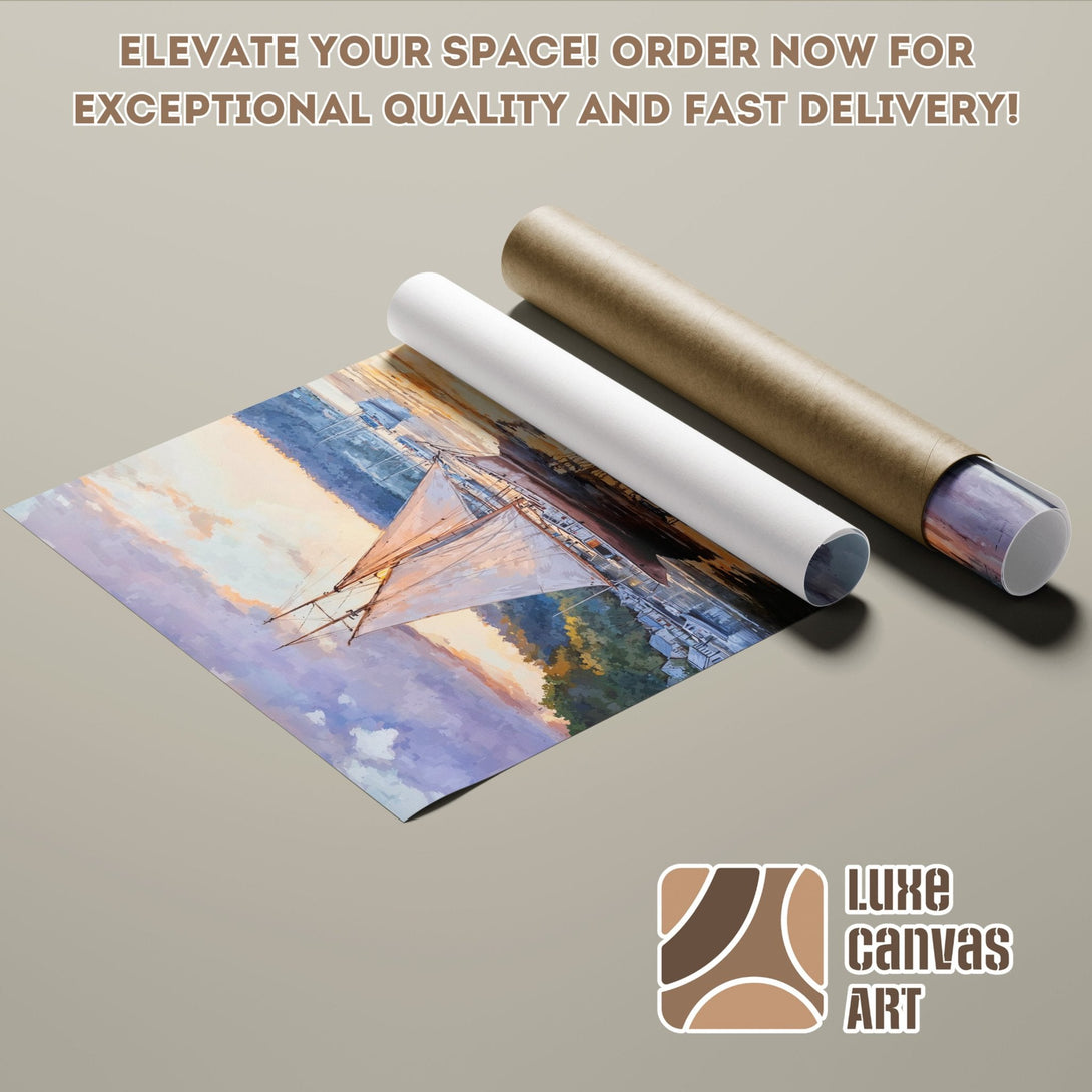 Poster Roll of a sailboat painting in a pastel color palette, perfect for coastal decor.