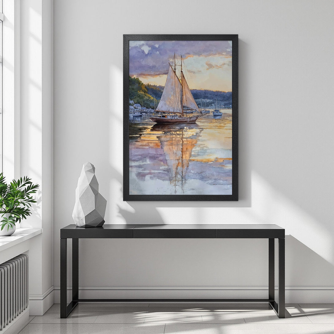 Framed Poster featuring a sailboat on the water, watercolor style, with a warm sunset color palette. Perfect wall art for your home!