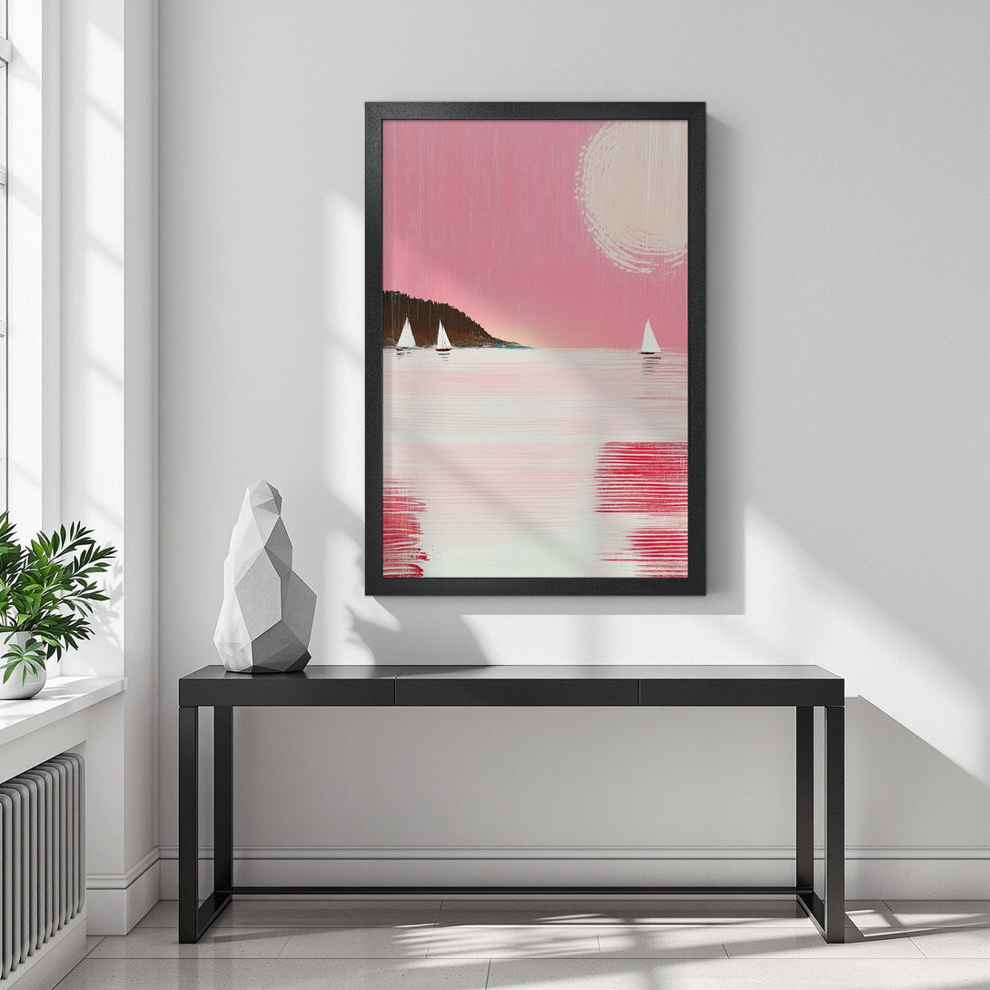 Framed Poster featuring a sailboat scene in an abstract style with a pink and red color palette, perfect for coastal decor.