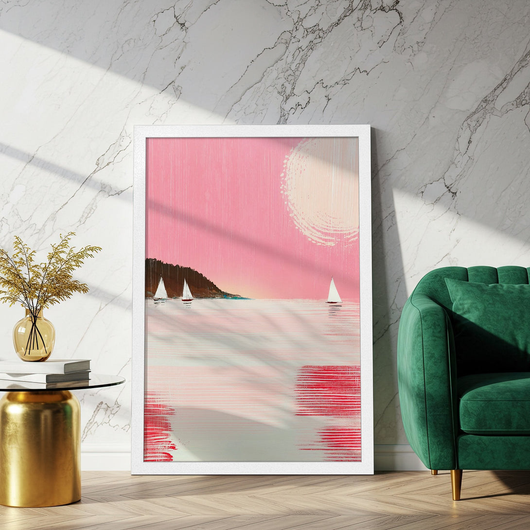 Framed Poster featuring a serene seascape with sailboats, in a modern abstract style. Pink, white, and red color palette. Perfect wall art!