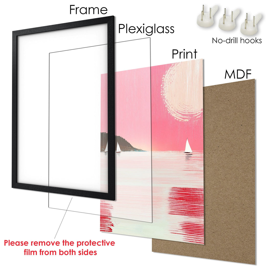Framed Poster: Coastal art print with pink and white sunset scene. Modern style, vibrant color palette. Ready to hang wall art.