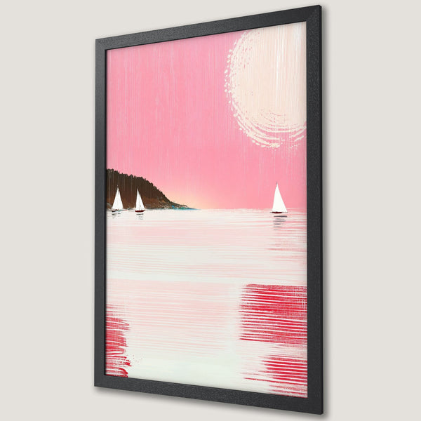 Framed Poster of sailboats on a pink sea, impressionistic style, with a vibrant pink and white color palette. Perfect wall art!