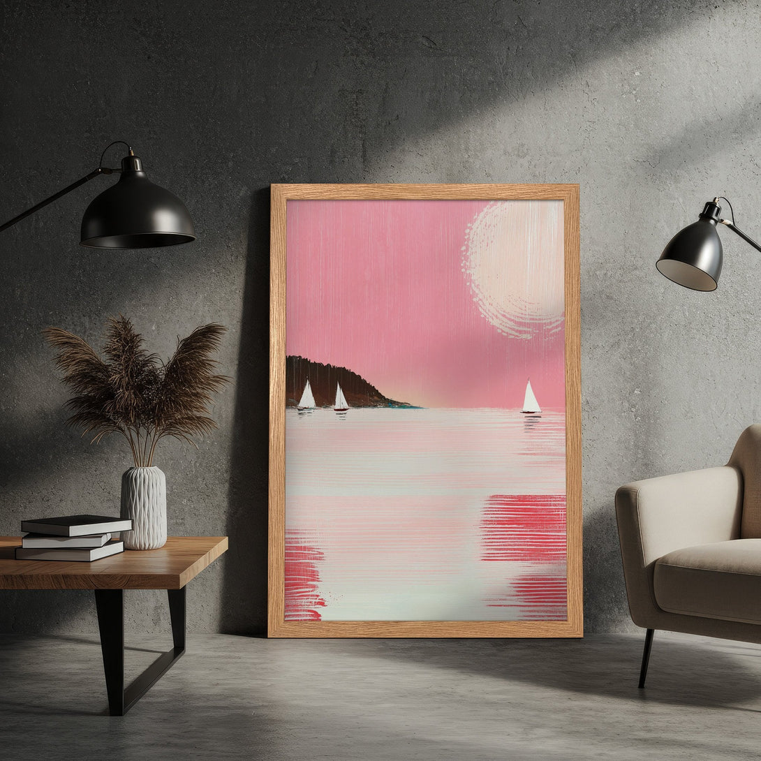 Framed Poster featuring a sailboat scene in a modern, abstract style with a pink and white color palette. Perfect wall art!