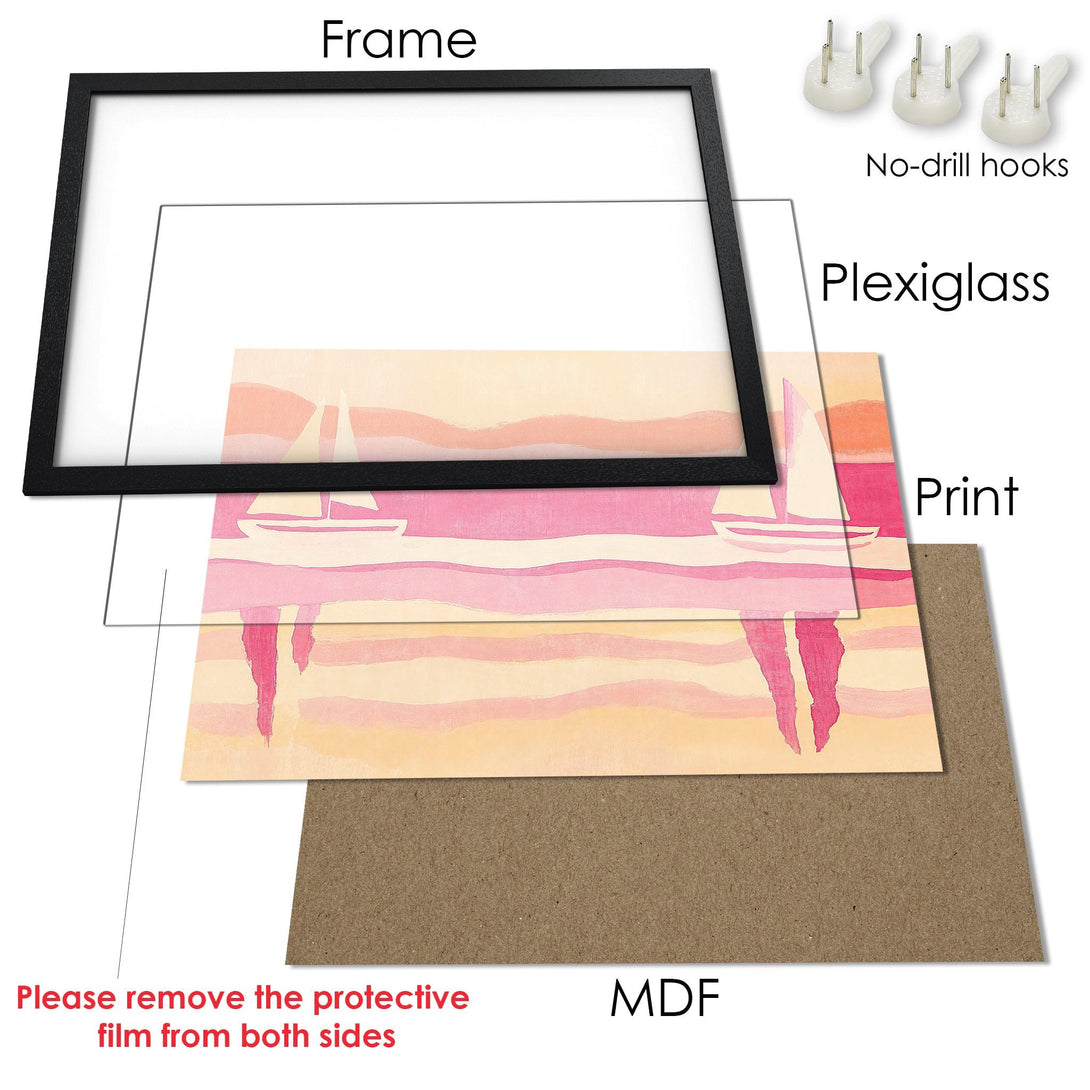 Framed Poster featuring a watercolor sailboat scene in a pink and peach palette. Perfect art for your home!