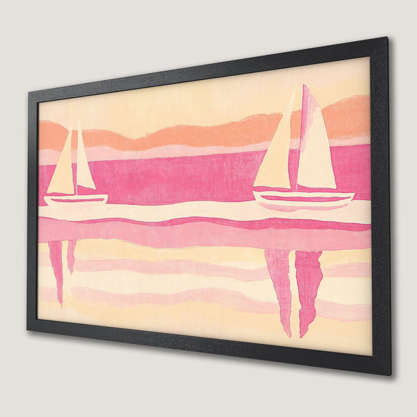 Framed Poster featuring sailboats in a watercolor style with a pink and cream color palette, perfect wall art.