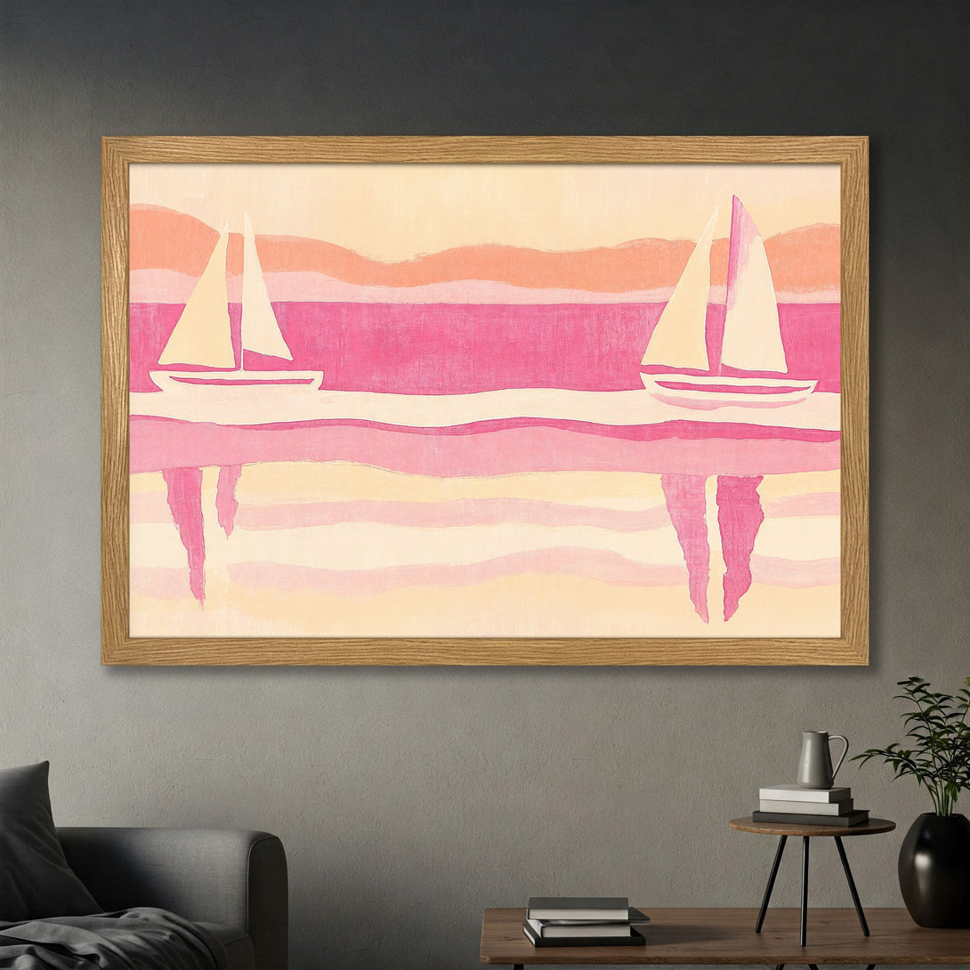 Framed Poster featuring sailboats in a minimalist style with a pink and peach color palette. Perfect wall art for a coastal vibe.