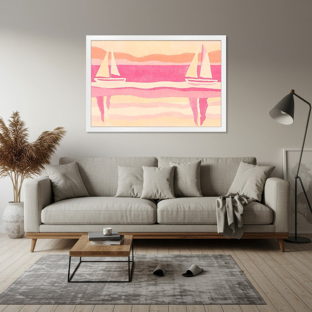 Framed Poster featuring sailboats in a watercolor style, with a pink and peach color palette. Perfect wall art for a coastal vibe.