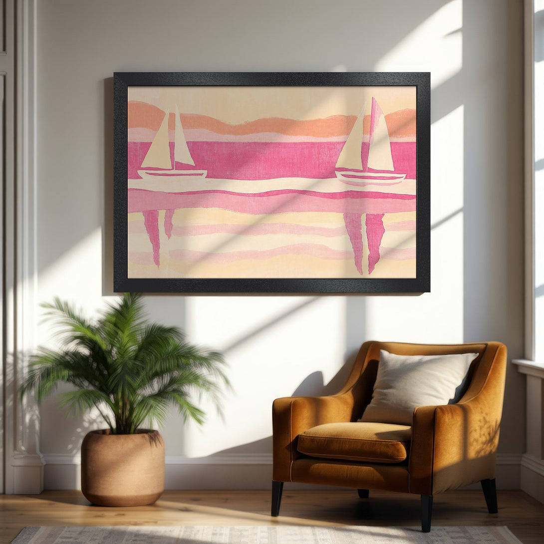 Framed Poster featuring sailboats in a modern, abstract style with a pink and peach color palette. Perfect wall art for your home!